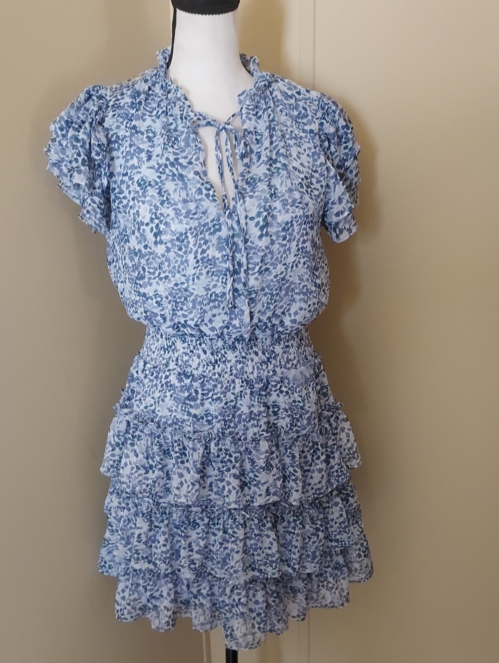 Lightweight Blue Floral Smocked Tiered Mini Dress